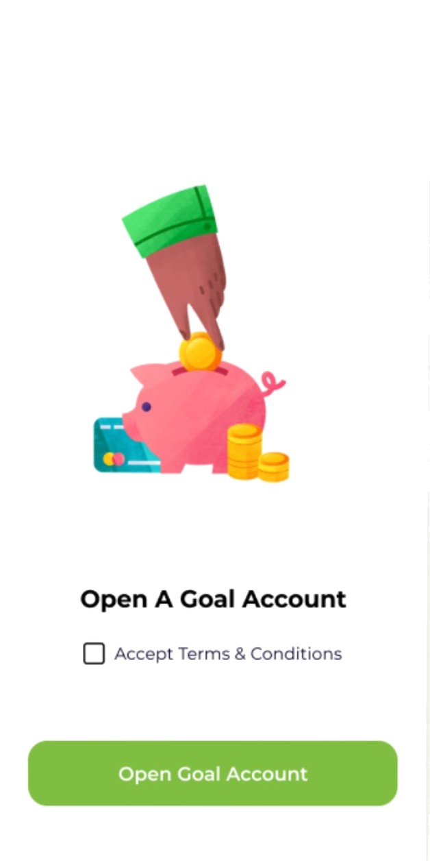 KCB Goal Account: Open a Goal Account screen with a piggy-bank illustration