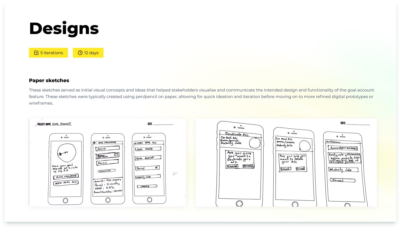 Paper sketches of the goal account screens, five iterations over twelve days