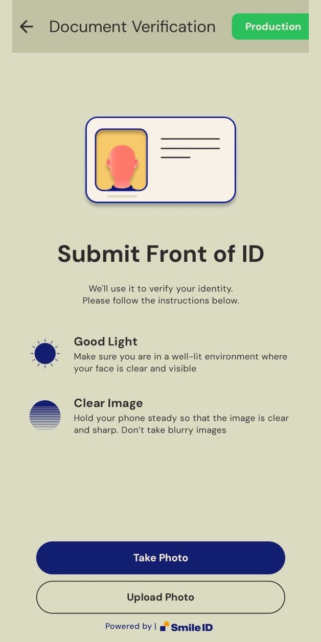 v11 document instruction screen: Submit front of ID, with written guidelines and Take Photo and Upload Photo buttons