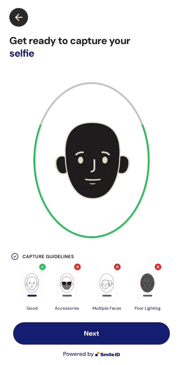v12 selfie instruction screen: Get ready to capture your selfie, with the oval guide and four capture guidelines