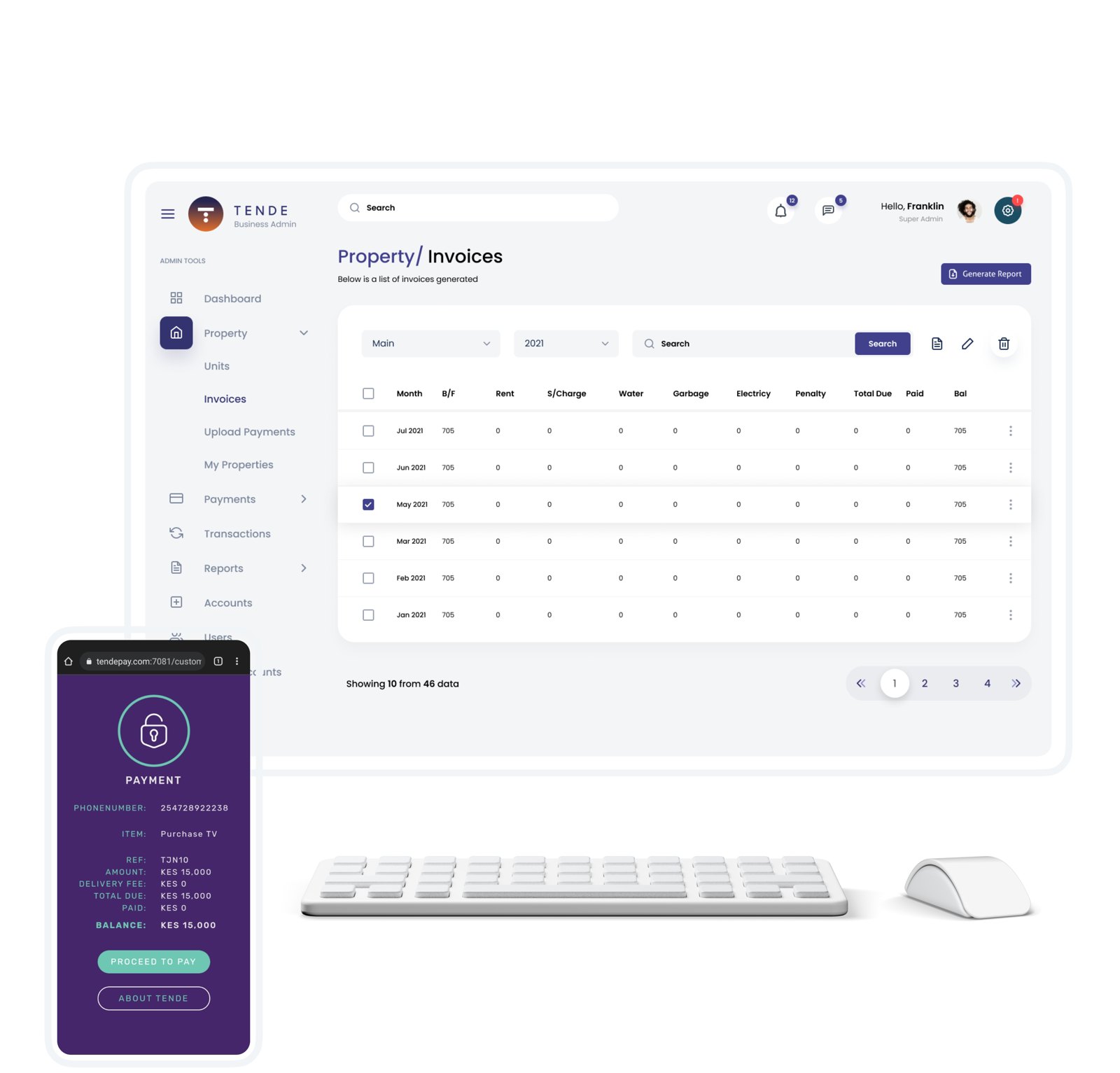 Payment collection: the property and invoices view on desktop with the mobile checkout alongside
