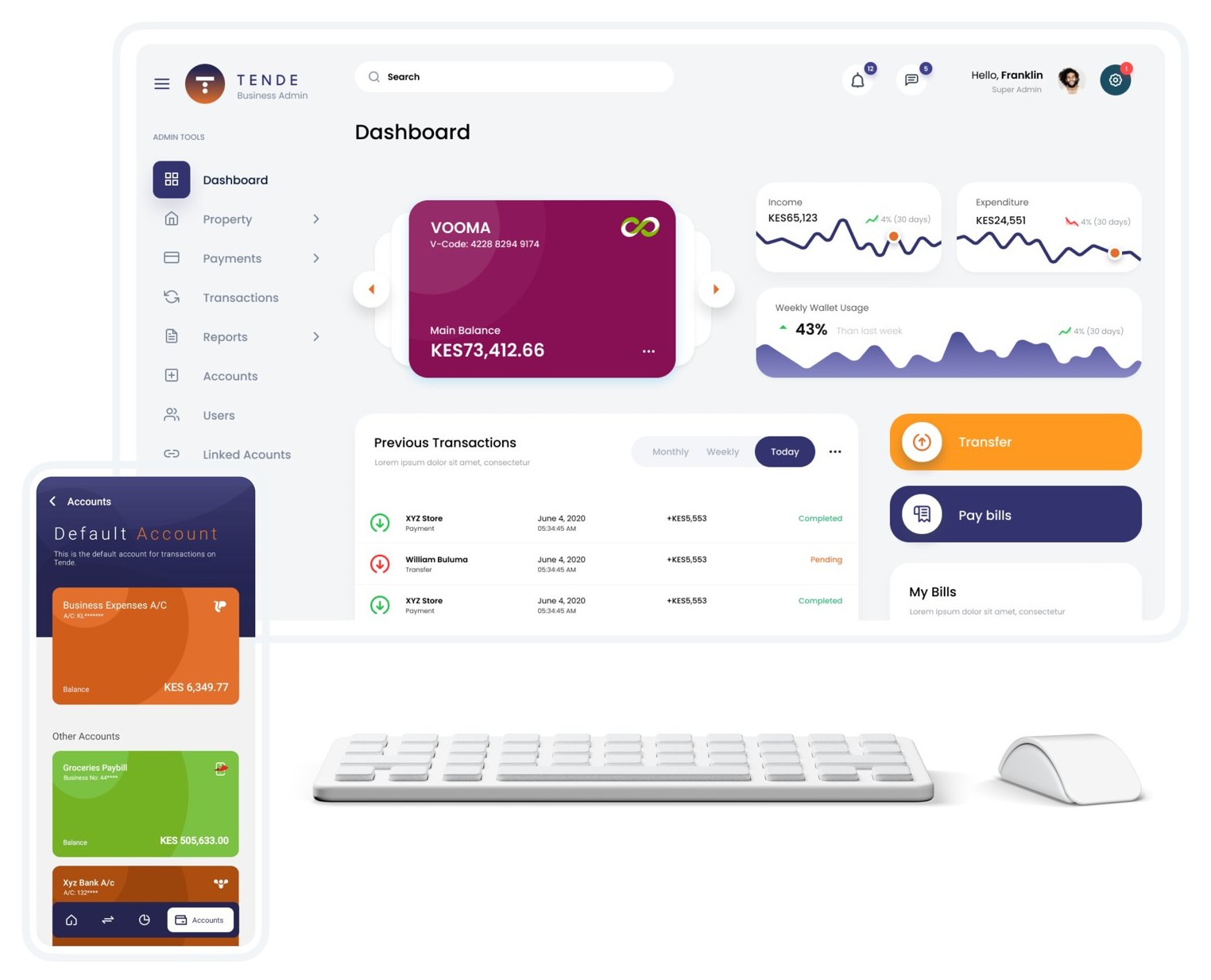 Tendepay: the consolidated dashboard on desktop with the mobile app alongside, showing balances, transactions and quick actions